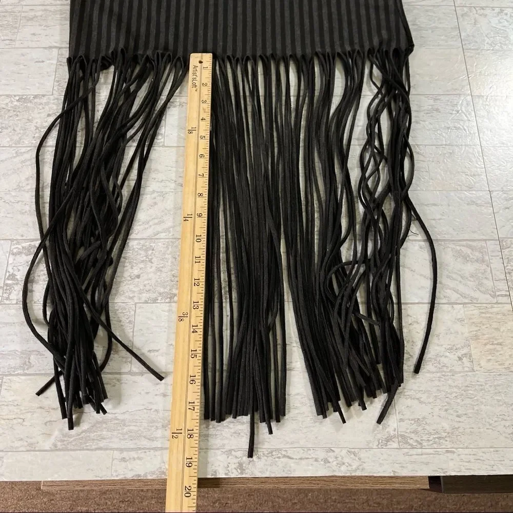 Cleo Black Gray Stripe Fringe Hemline Sleeveless Midi Dress Size Medium - Picture 13 of 16